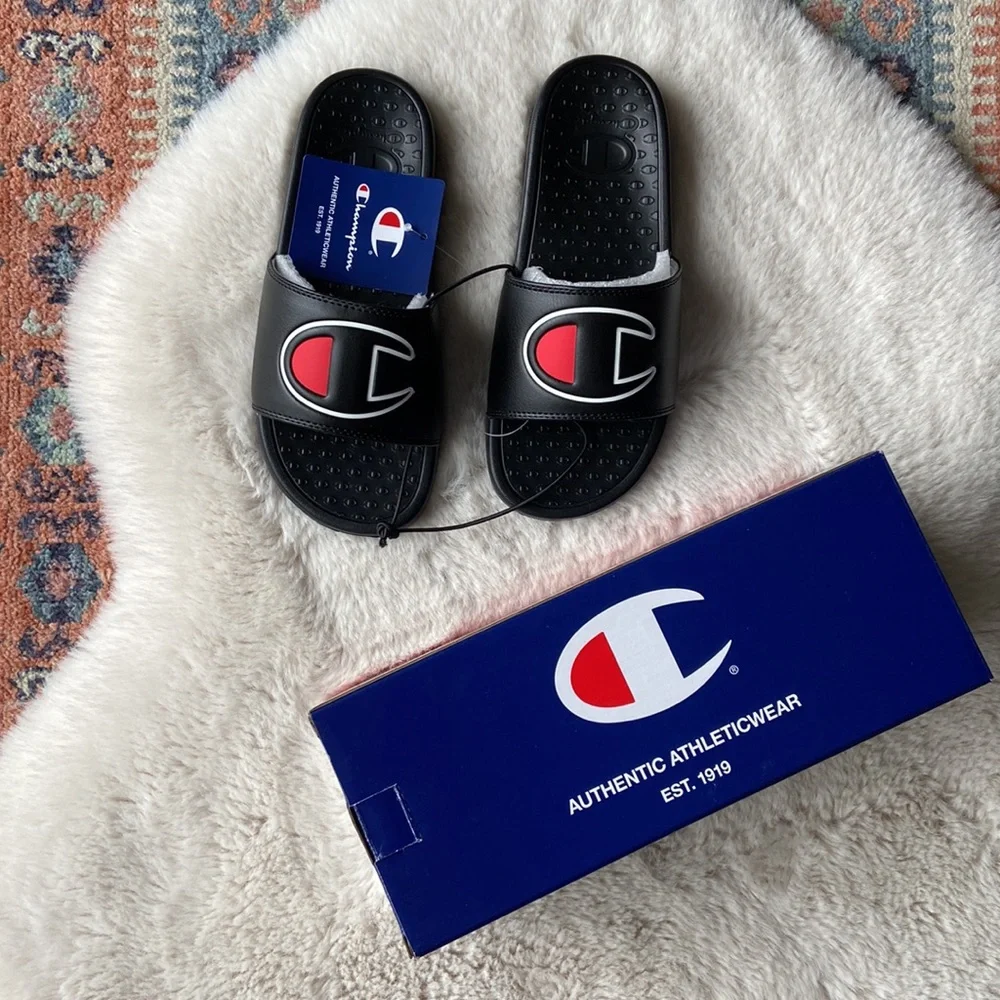 Champion kids super slide sandal black athletic slip on logo shoe boys size 4